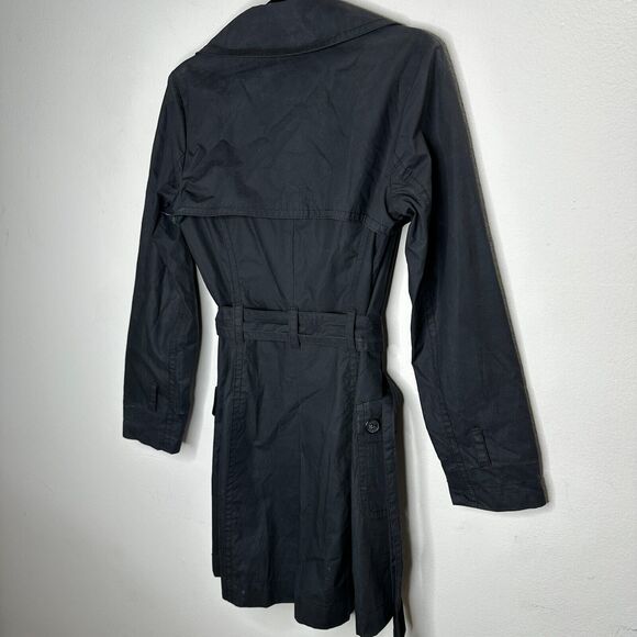 Guess Black Button Down Belted Trench Coat Navy and Green Plaid Interior M - Picture 6 of 13